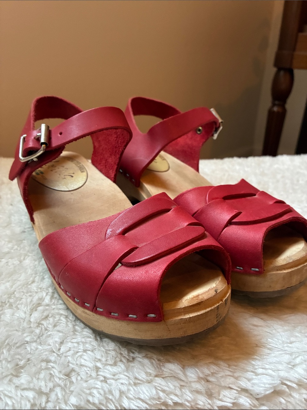 Lotta From Stockholm Red Leather Clog Sandals with Buckle Ankle Strap